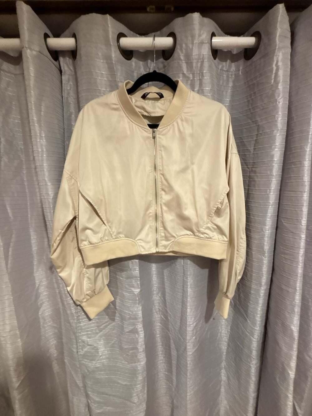 Zara Cropped Satin Bomber Jacket Beige Size L